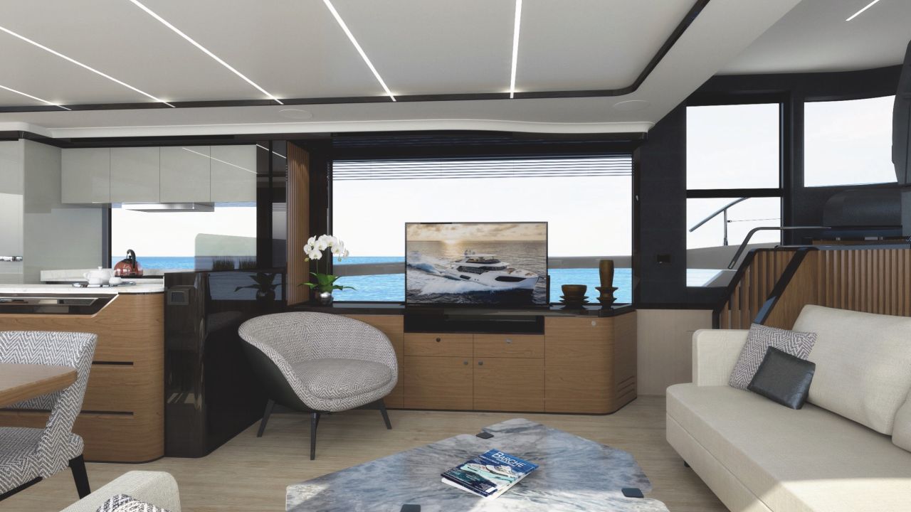 Der Innnenbereich der Absolute 64 Navetta ist in hellen und warmen Erdtönen gehalten. Absolute 64 Navetta